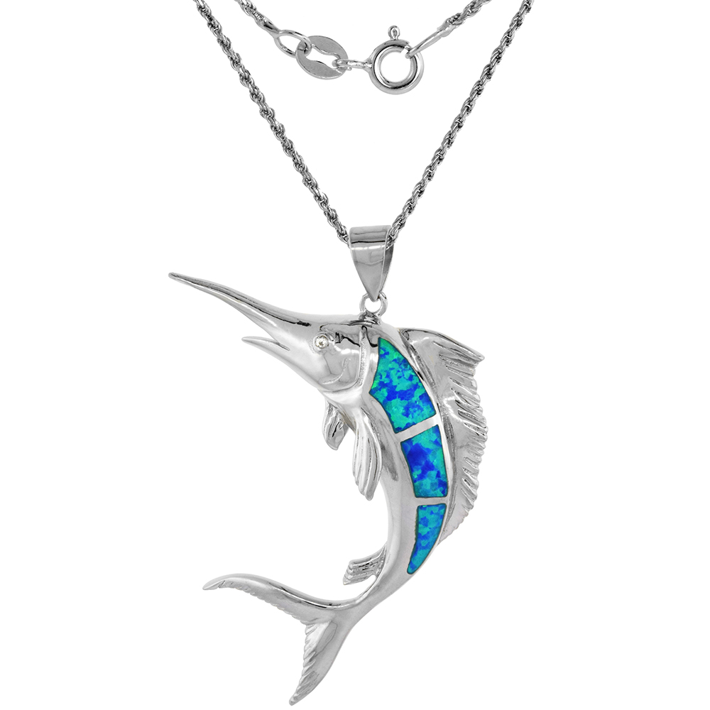 Sterling Silver Synthetic Pink Opal Marlin fish Necklace Cubic Zirconia Accent 1 7/8 inch ROPH_25