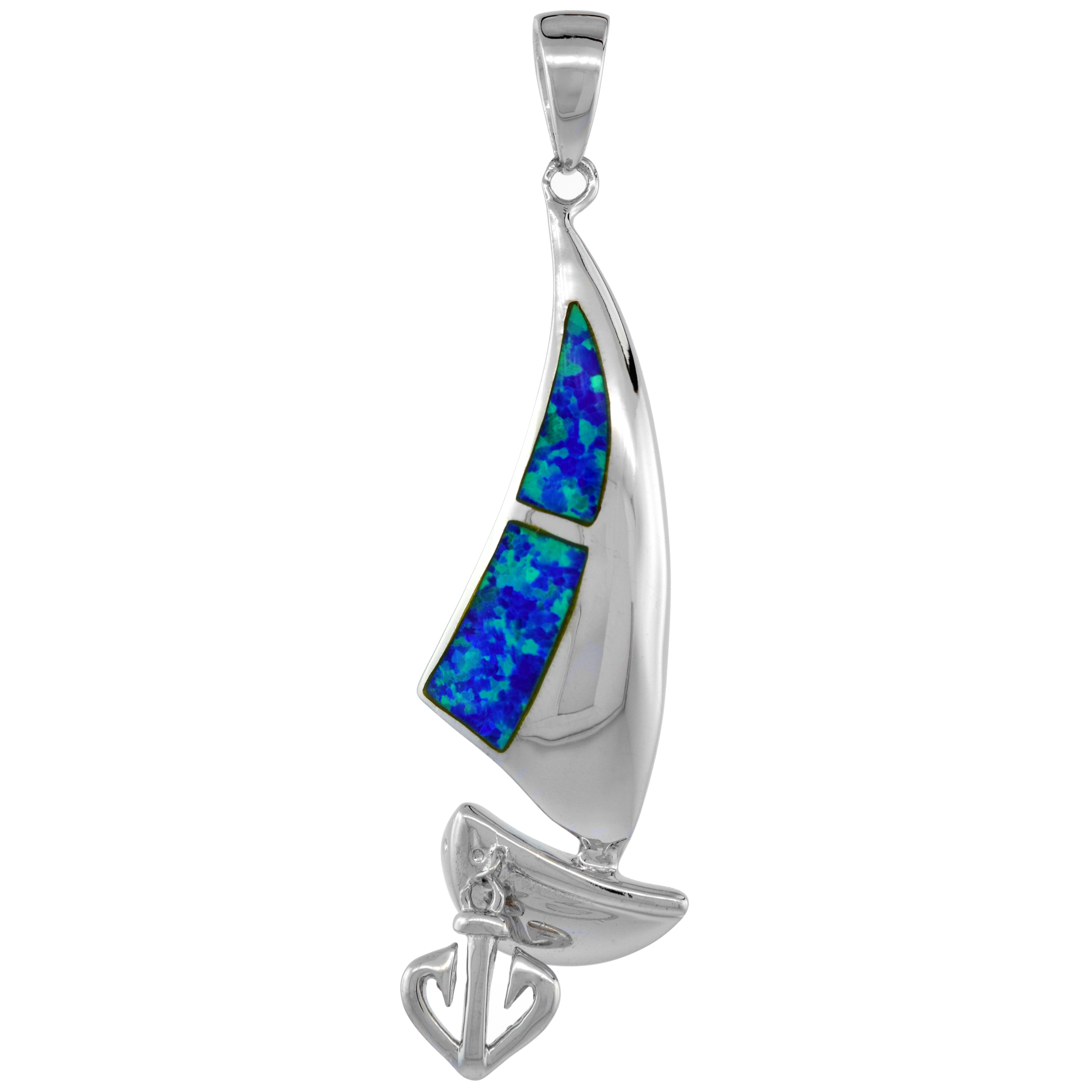 Sterling Silver Synthetic Opal Sail Boat Pendant for Women Hand Inlay with Movable Anchor 1 3/4 inch tall