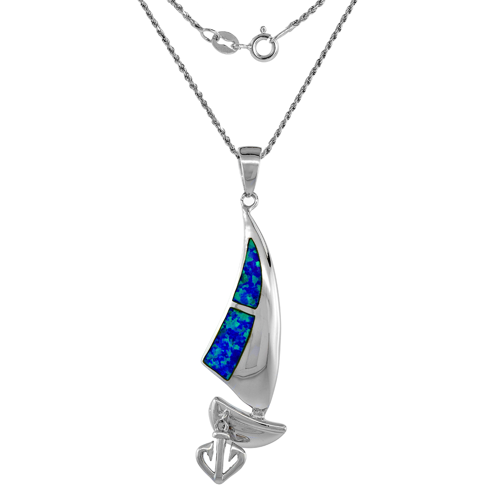 Sterling Silver Synthetic Pink Opal Sail Boat Necklace with Movable Anchor 1 3/4 inch ROPH_25