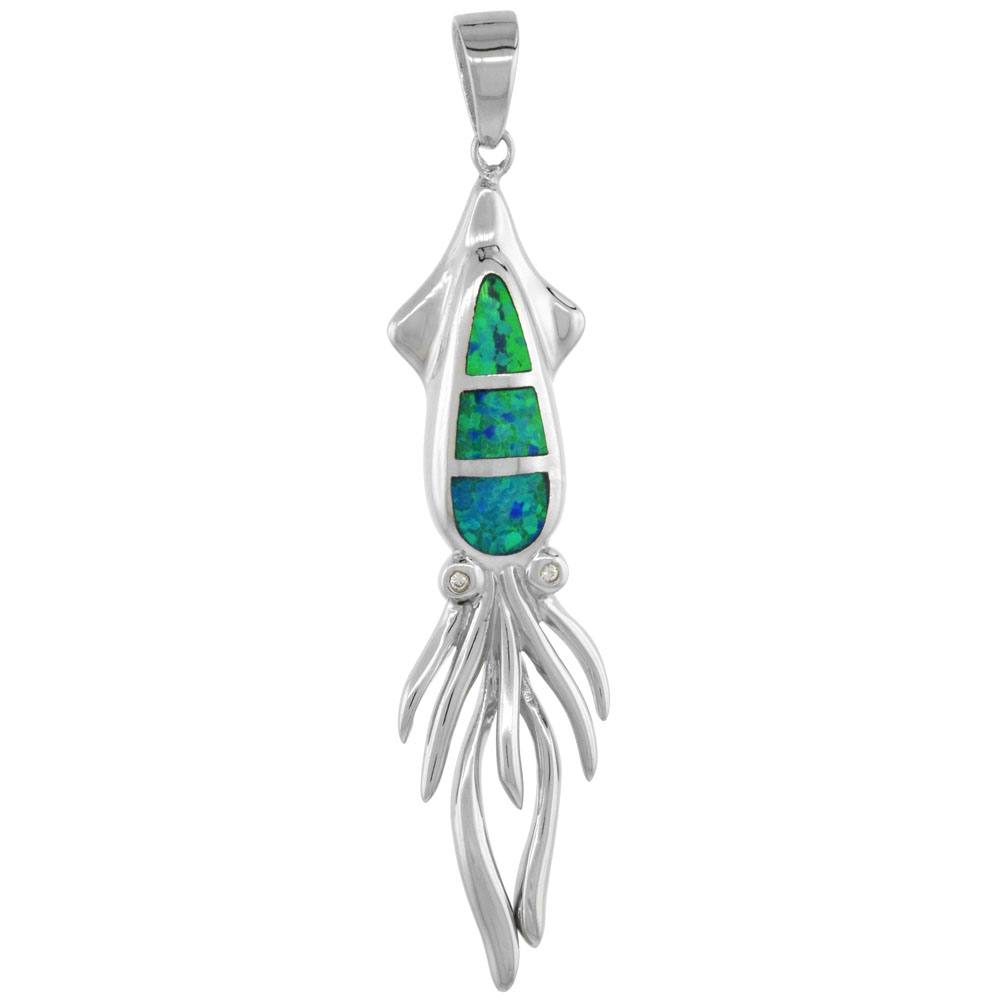STERLING SILVER SYNTHETIC OPAL SQUID PENDANT FOR WOMEN HAND INLAY CUBIC ZIRCONIA ACCENT1 7/8 INCH TALL