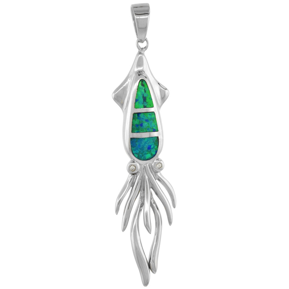 Sterling Silver Synthetic Opal Squid Pendant for Women Hand Inlay Cubic Zirconia Accent1 7/8 inch tall