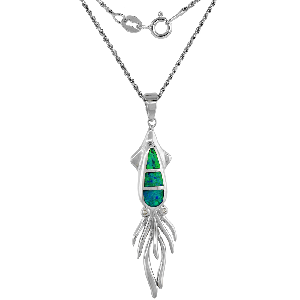 Sterling Silver Synthetic Opal Squid Necklace for Women Cubic Zirconia Accent 1 7/8 inch ROPH_25