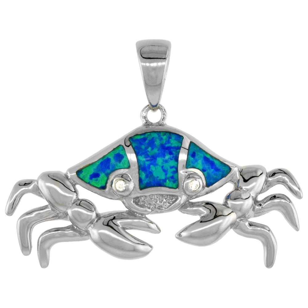 STERLING SILVER SYNTHETIC OPAL CRAB PENDANT SIGN OF CANCER FOR WOMEN CZ ACCENT 1 3/16 INCH WIDE