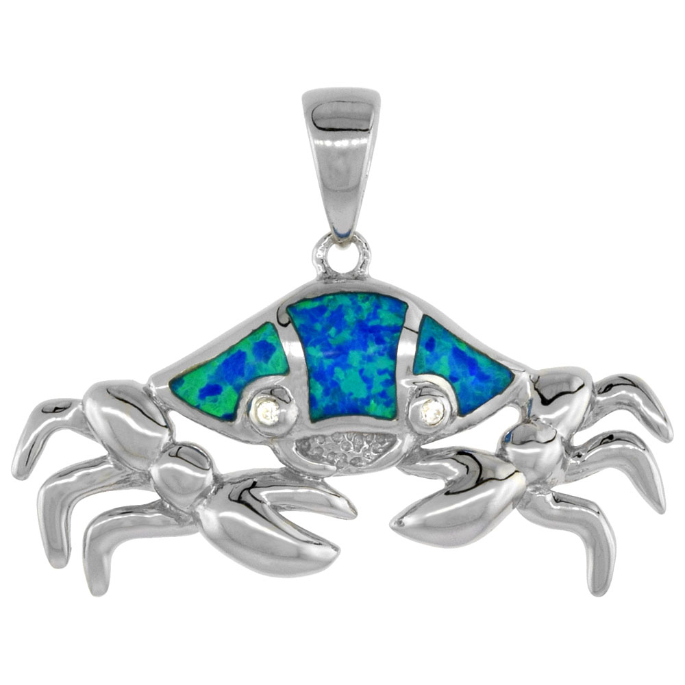 Sterling Silver Synthetic Opal Crab Pendant Sign of Cancer for Women CZ Accent 1 3/16 inch wide