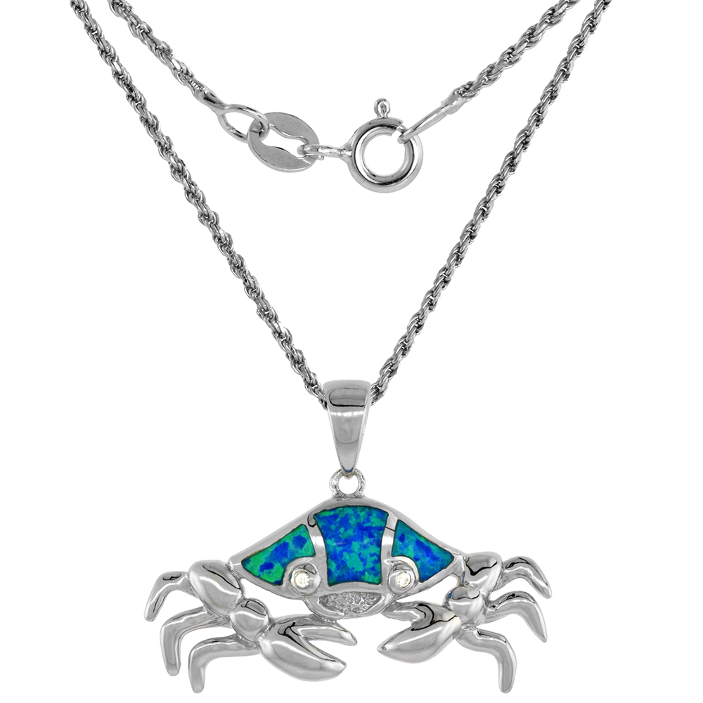 Sterling Silver Synthetic Opal Crab Necklace Sign of Cancer Women CZ Accent 1 3/16 inch ROPH_25