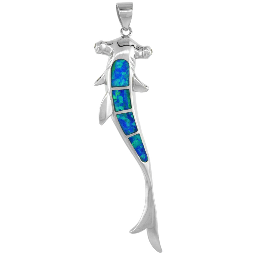 STERLING SILVER SYNTHETIC OPAL HAMMERHEAD SHARK PENDANT HAND INLAY CUBIC ZIRCONIA ACCENT 2 INCH TALL