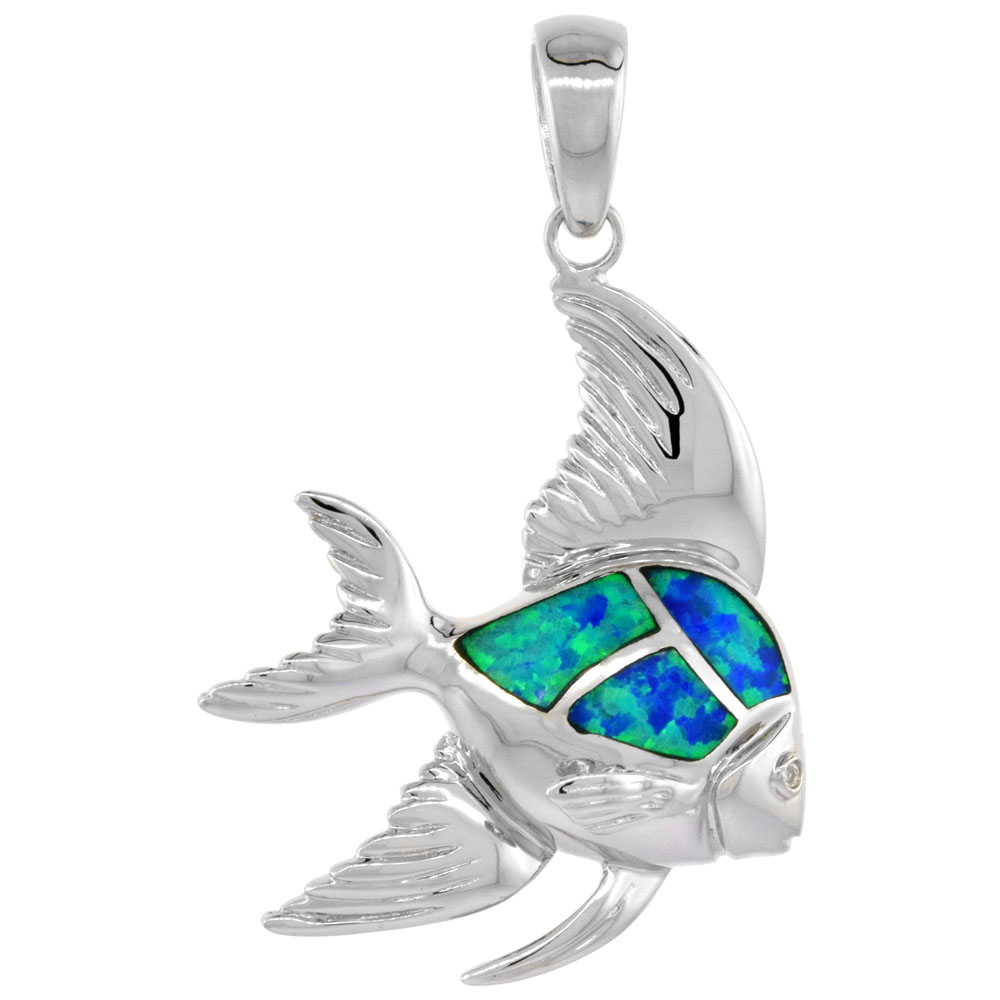 STERLING SILVER SYNTHETIC OPAL ANGELFISH PENDANT HAND INLAY CUBIC ZIRCONIA ACCENT 1 3/8 INCH TALL