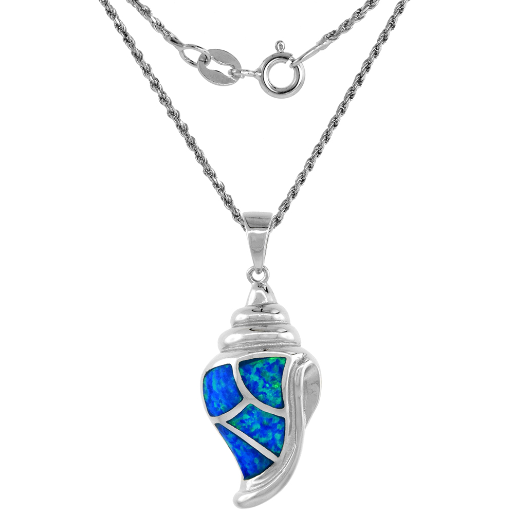 Sterling Silver Synthetic Opal Conch Shell Necklace Cubic Zirconia Accent 1 1/8 inch ROPH_25
