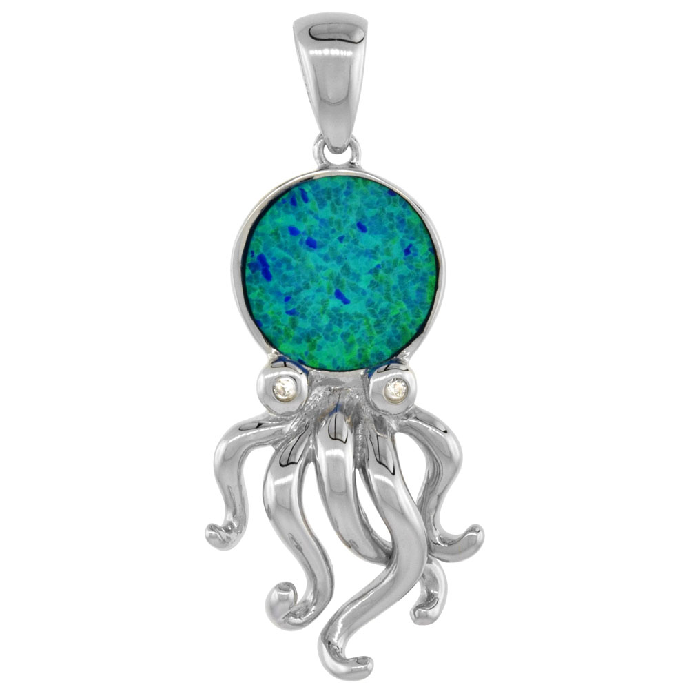 Sterling Silver Synthetic Opal Octopus Pendant for Women Hand Inlay Cubic Zirconia Accent 1 1/4 inch tall