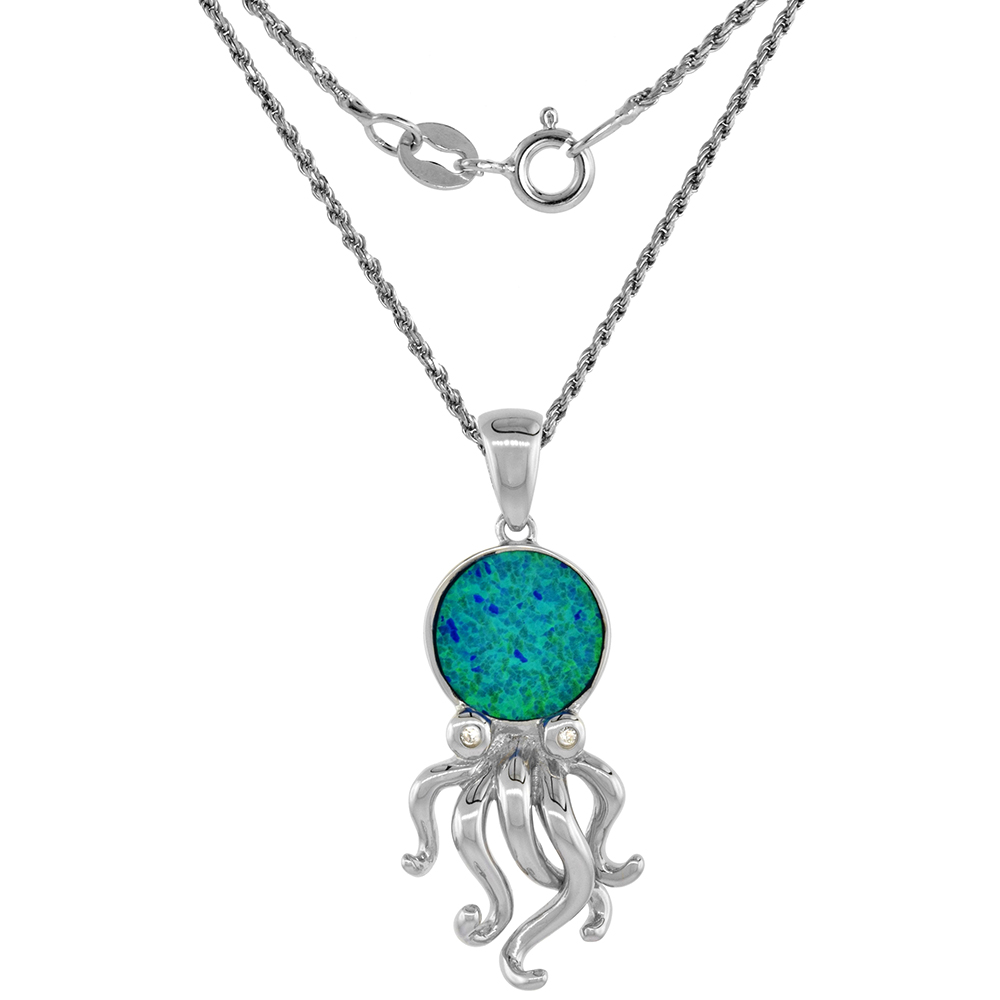 Sterling Silver Synthetic Pink Opal Octopus Necklace Cubic Zirconia Accent 1 1/4 inch ROPH_25