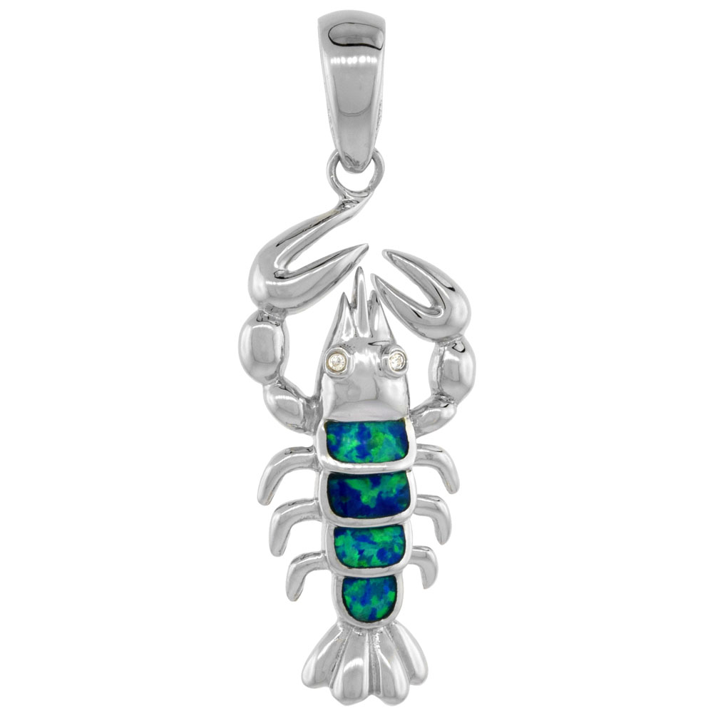 STERLING SILVER SYNTHETIC OPAL LOBSTER PENDANT FOR WOMEN HAND INLAY CUBIC ZIRCONIA ACCENT 1 3/8 INCH TALL
