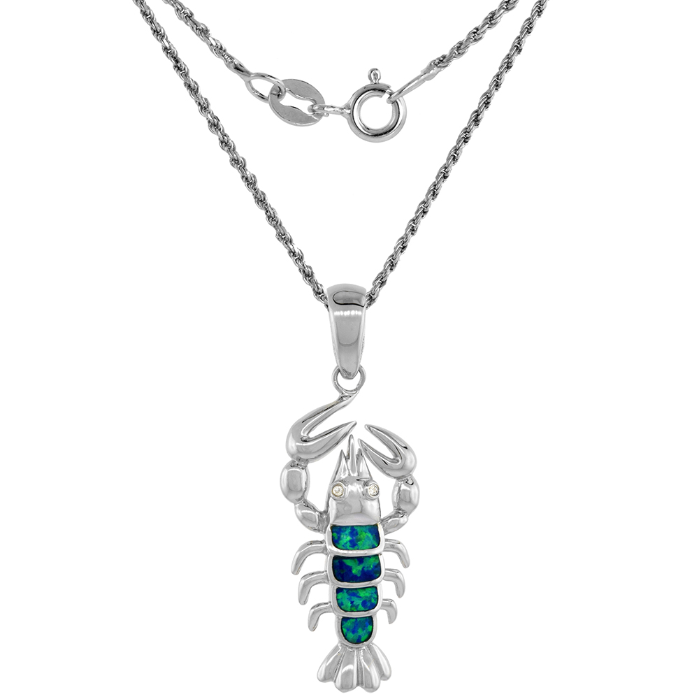 Sterling Silver Synthetic Pink Opal Lobster Necklace Cubic Zirconia Accent 1 3/8 inch ROPH_25