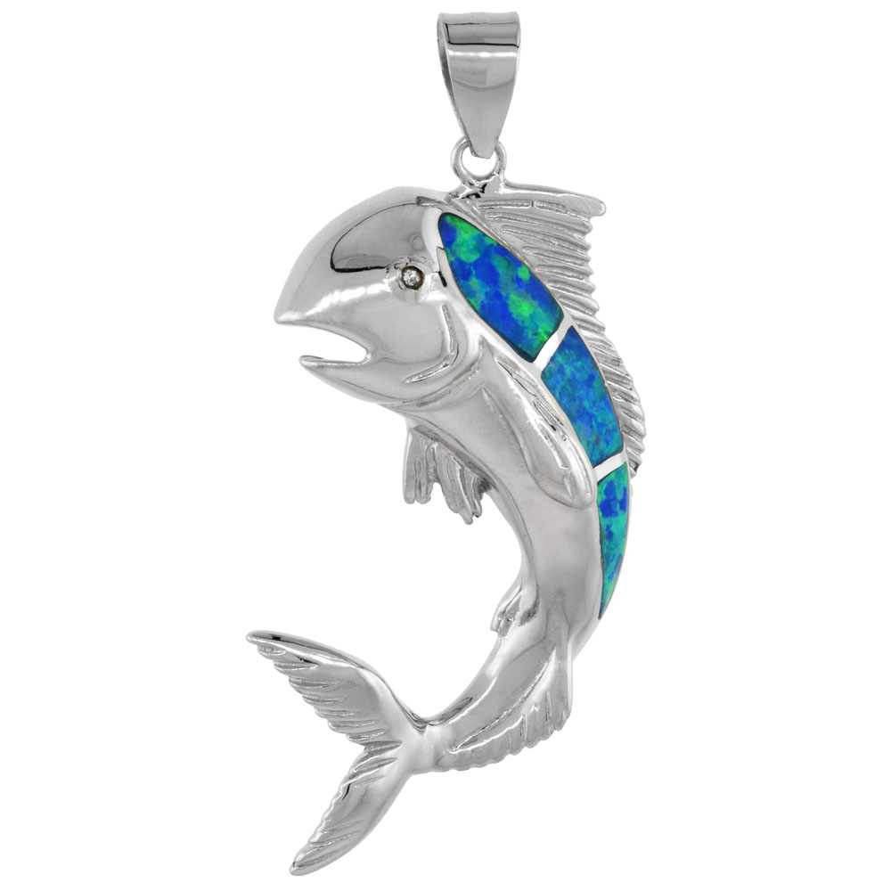 STERLING SILVER SYNTHETIC OPAL MAHI-MAHI PENDANT HAND INLAY CUBIC ZIRCONIA ACCENT 1 3/8 INCH TALL