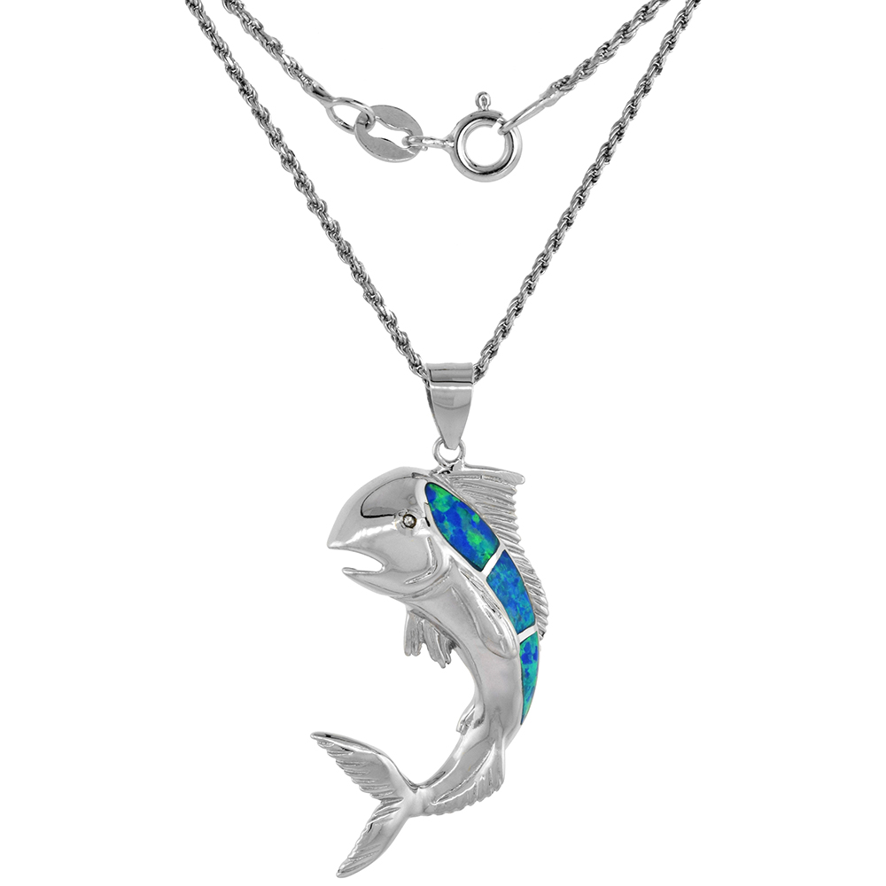 Sterling Silver Synthetic Opal Mahi-Mahi Necklace Cubic Zirconia Accent 1 3/8 inch ROPH_25
