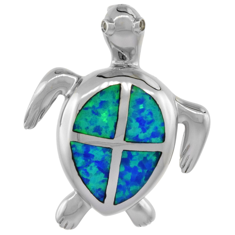 Sterling Silver Synthetic Opal Hawaiian Sea Turtle Pendant Hand Inlay Cubic Zirconia Accent 1 3/16 inch