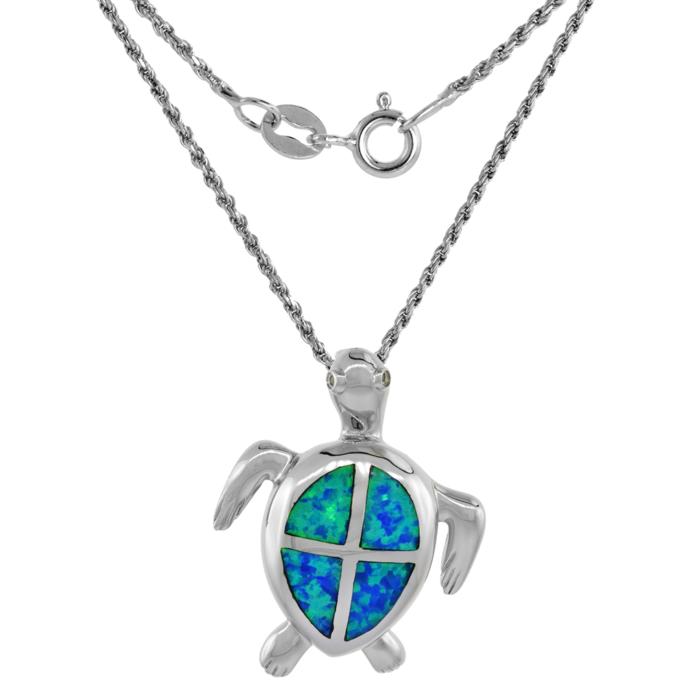 Sterling Silver Synthetic Opal Hawaiian Sea Turtle Necklace CZ Accent 1 3/16 inch ROPH_25