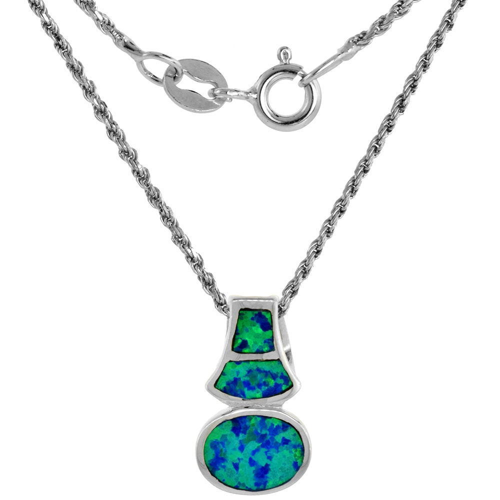 Sterling Silver Synthetic Pink Opal Oval Slide Necklace for Women Hand Inlay 11/16 inch ROPH_25