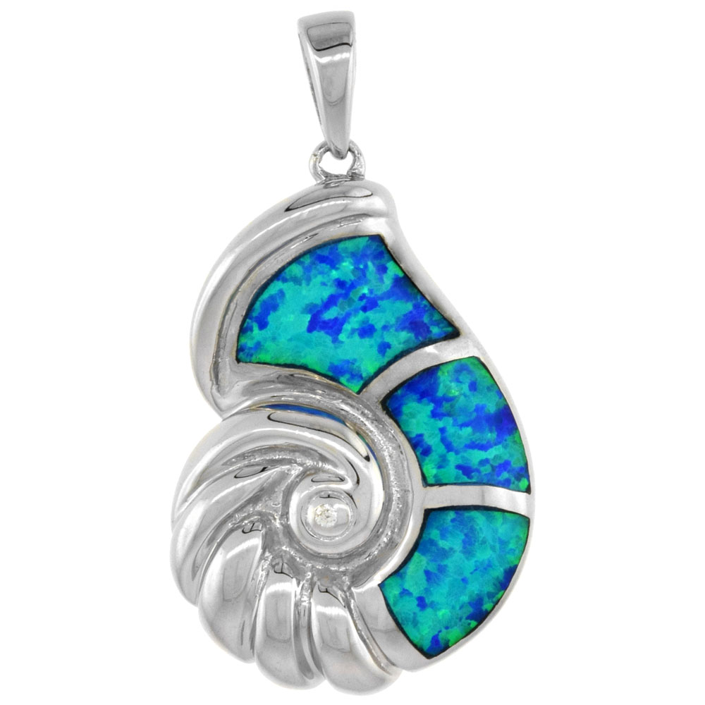 STERLING SILVER SYNTHETIC OPAL SEASHELL PENDANT HAND INLAY CUBIC ZIRCONIA ACCENT 1 1/8 INCH TALL