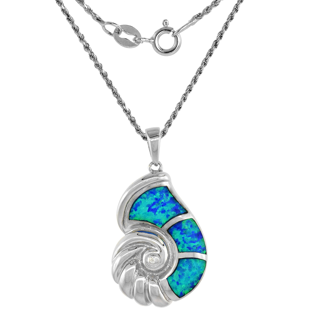Sterling Silver Synthetic Opal Seashell Necklace Cubic Zirconia Accent 1 1/8 inch ROPH_25