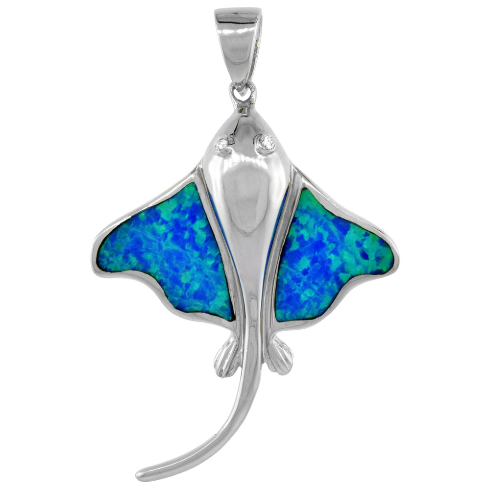 Sterling Silver Synthetic Opal Stingray Pendant Hand Inlay Cubic Zirconia Accent 1 5/8 inch tall