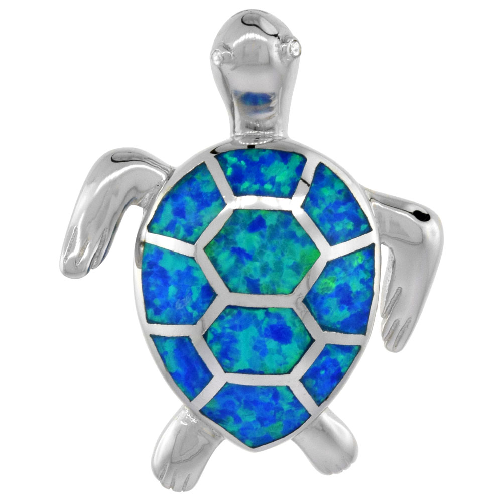 STERLING SILVER SYNTHETIC OPAL SEA TURTLE PENDANT HAND INLAY CUBIC ZIRCONIA ACCENT 1 1/4 INCH TALL