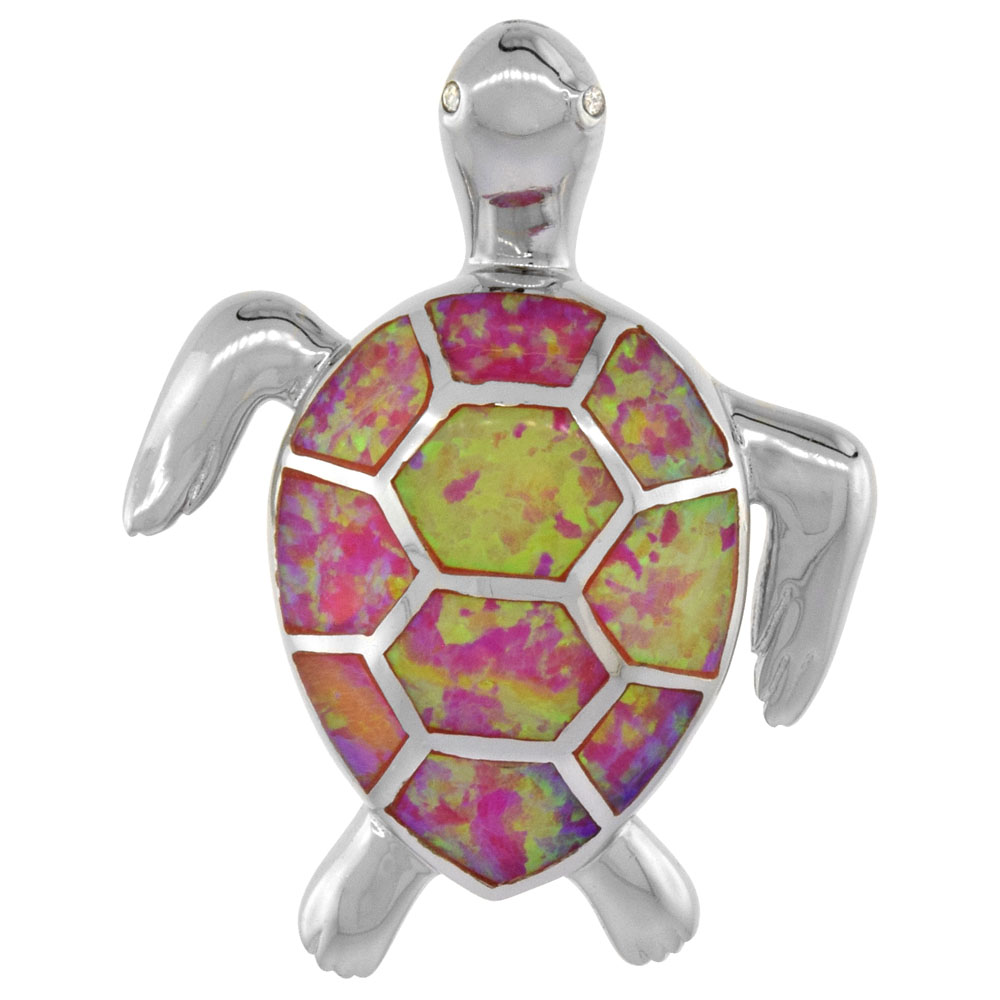 Sterling Silver Synthetic Pink Opal Sea Turtle Pendant Hand Inlay Cubic Zirconia Accent 1 1/4 inch tall