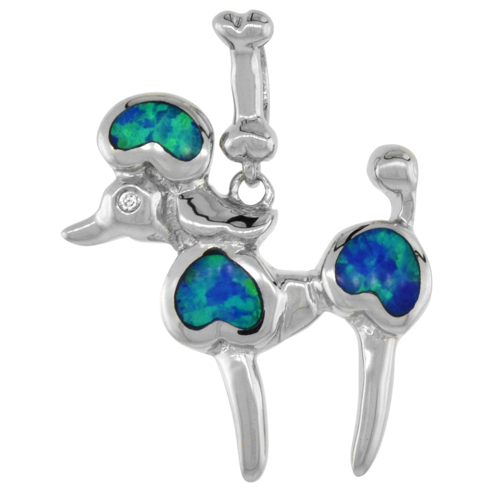 STERLING SILVER SYNTHETIC OPAL POODLE DOG PENDANT FOR WOMEN CZ ACCENT HAND INLAY 3/4 INCH TALL