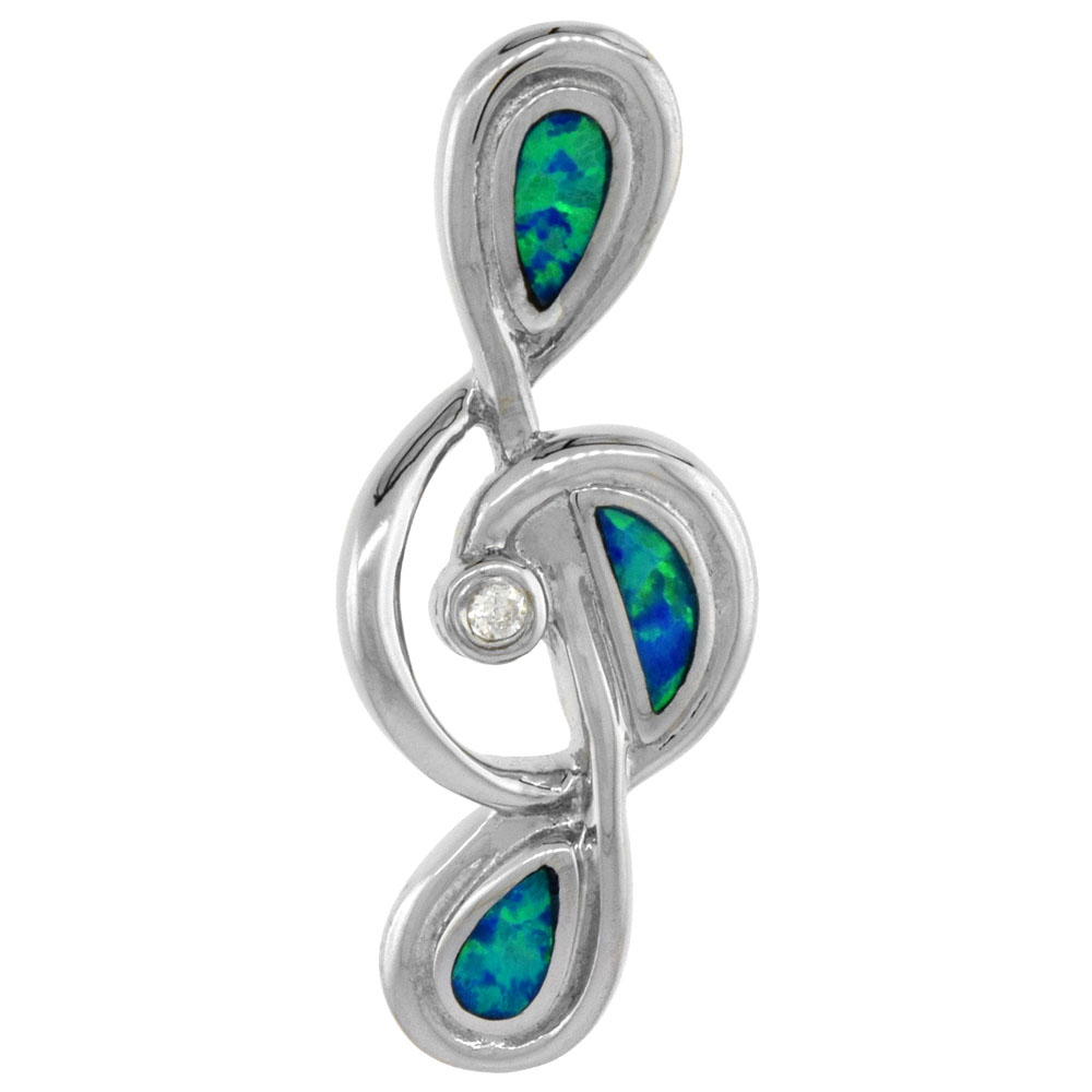 STERLING SILVER SYNTHETIC OPAL G-CLEF PENDANT FOR WOMEN CZ ACCENT HAND INLAY 1 1/8 INCH TALL