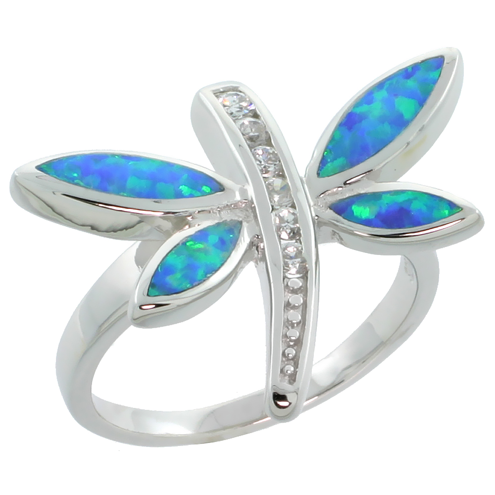STERLING SILVER BLUE SYNTHETIC OPAL DRAGONFLY RING FOR WOMEN CHANNEL CZ ACCENT 11/16 INCH