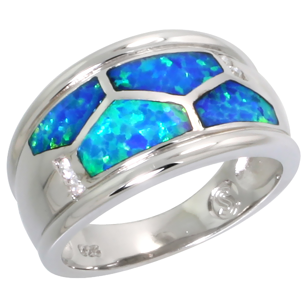 Sterling Silver Blue Synthetic Opal Cigar Band Ring for Women Tortoise Shell Pattern Inlay 7/16 inch