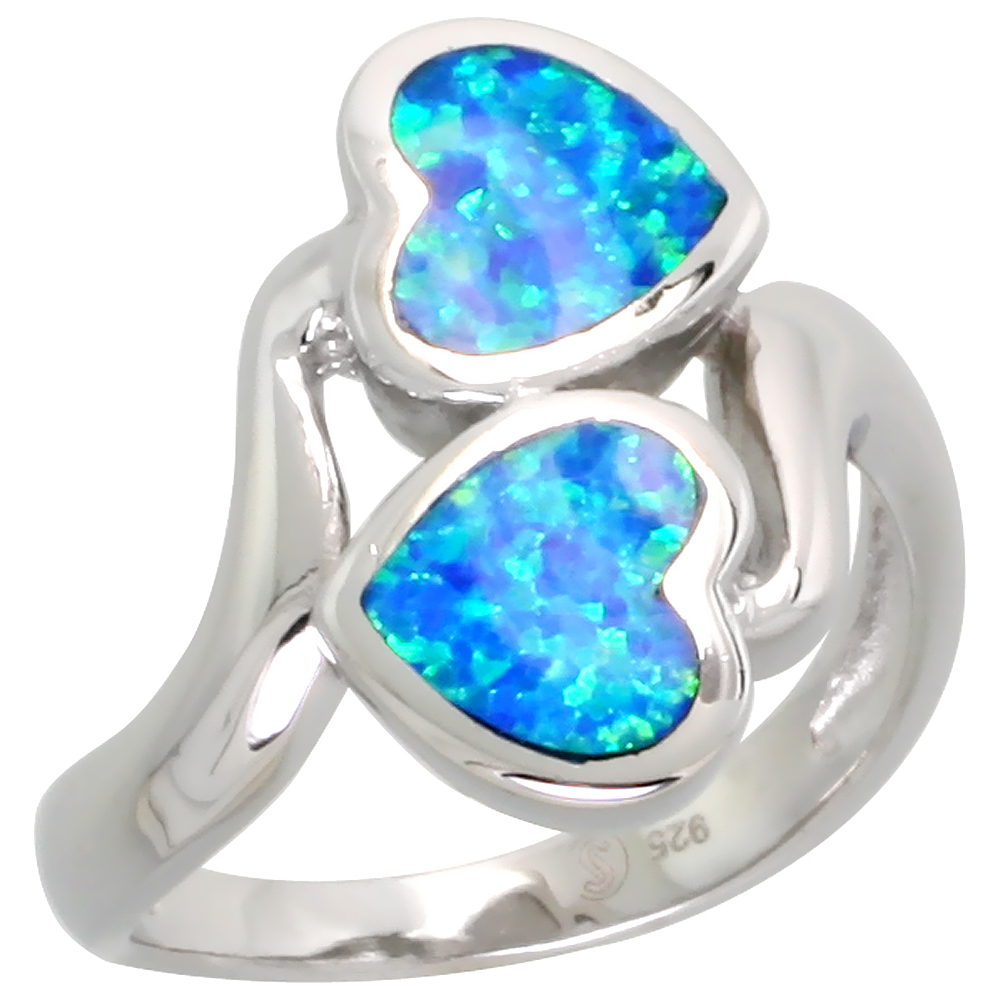 STERLING SILVER BLUE SYNTHETIC OPAL HEART BYPASS RING FOR WOMEN 3/4 INCH