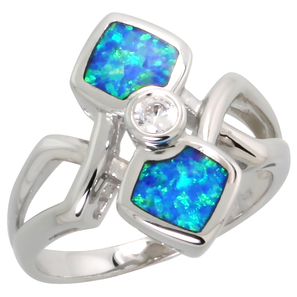 STERLING SILVER BLUE SYNTHETIC OPAL DOUBLE DIAMON RING FOR WOMEN 4MM CZ CENTER 3/4 INCH