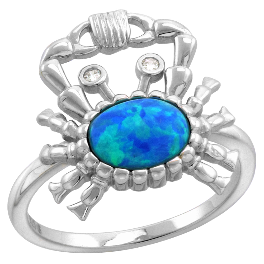 STERLING SILVER SYNTHETIC OPAL CRAB RING FOR WOMEN CZ EYES CANCER ZODIAC 5/8 INCH WIDE SIZES 6-9