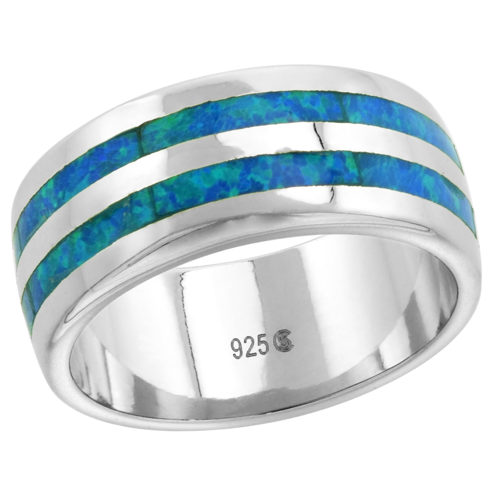8mm Sterling Silver Synthetic Opal Wedding Band Ring for Women Double Stripe Inlay sizes 6-9