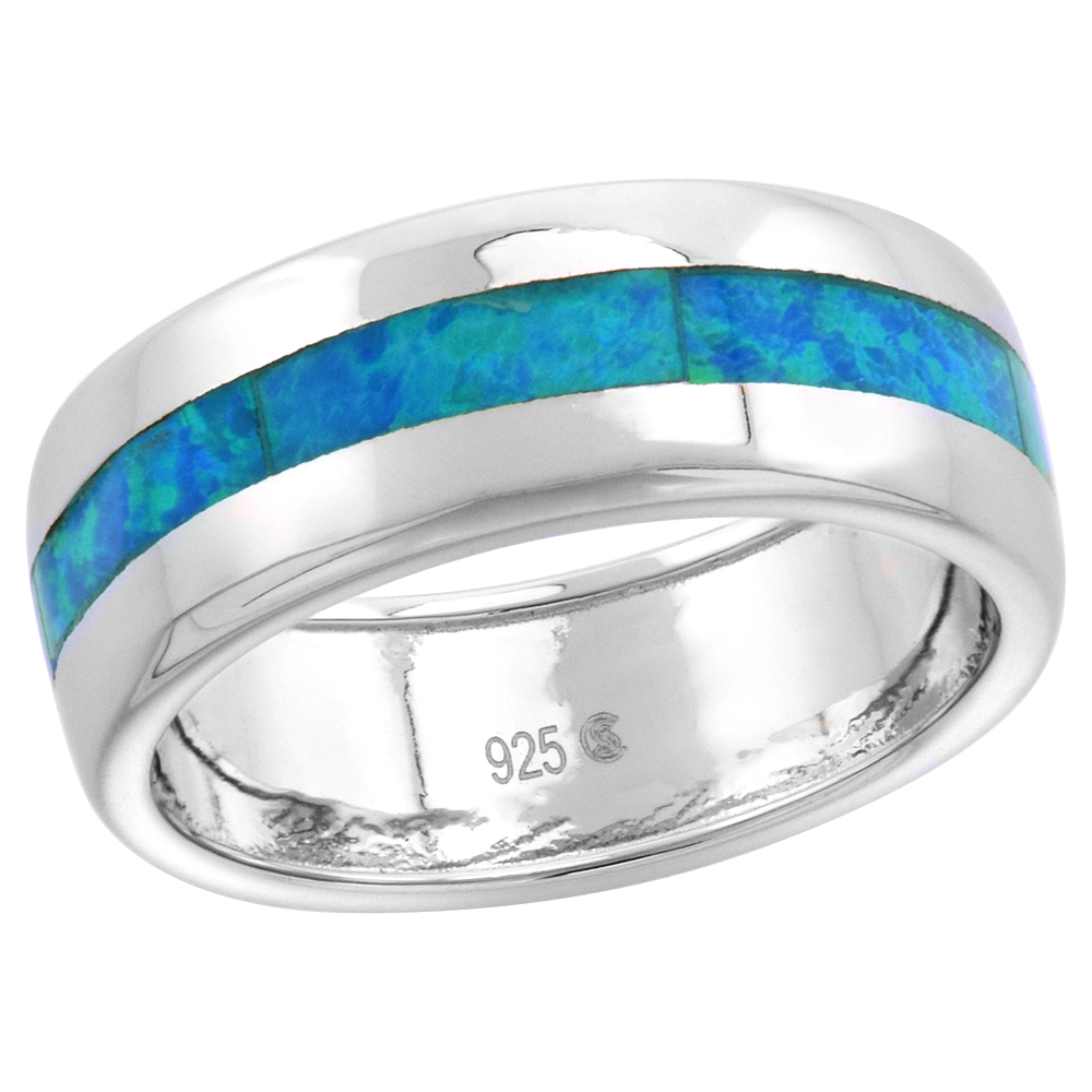 7MM STERLING SILVER SYNTHETIC OPAL WEDDING BAND RING FOR WOMEN INLAY SIZES 6-9