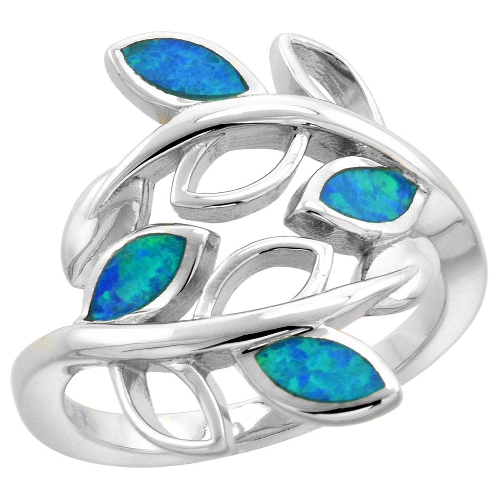 STERLING SILVER SYNTHETIC OPAL OLIVE BRANCH RING FOR WOMEN BYPASS DESIGN 3/4 INCH WIDE SIZES 6-9