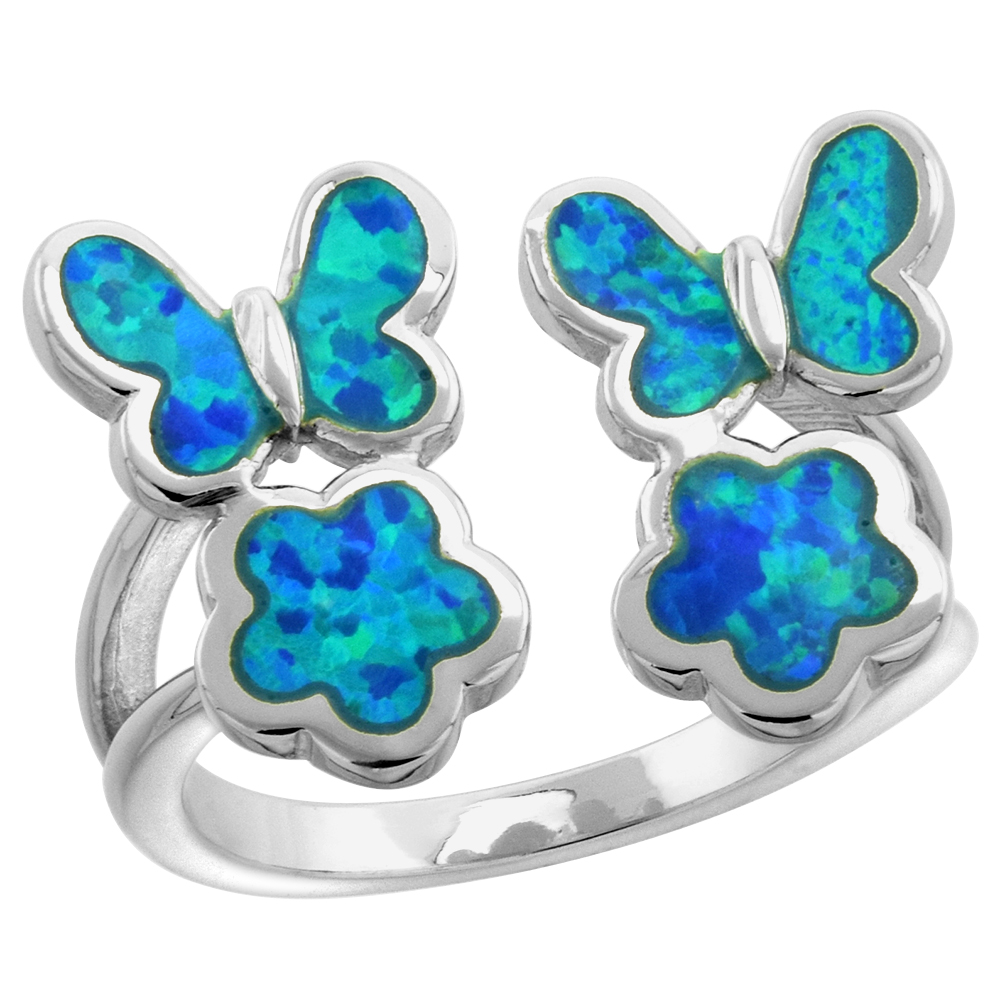 Sterling Silver Synthetic Opal Butterflies and Flowers Ring for Women 5/8 inch wide sizes 6-9
