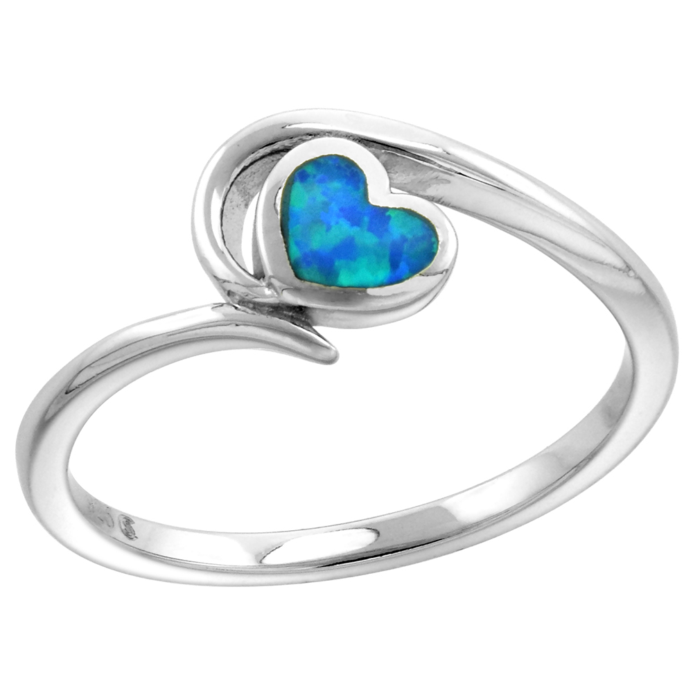 Dainty Sterling Silver Synthetic Opal Bypass Heart Ring for Women 5/16 inch wide sizes 6-9