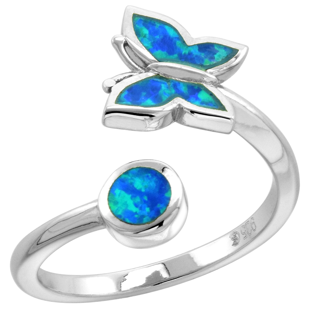 STERLING SILVER SYNTHETIC OPAL OPEN CIRCLING BUTTERFLY RING FOR WOMEN BYPASS DESIGN 5/8 INCH WIDE SIZES 6-9