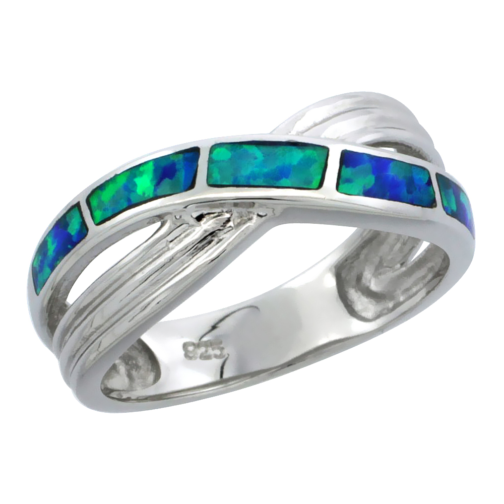 STERLING SILVER BLUE SYNTHETIC OPAL CROSSOVER RING FOR WOMEN 5/16 INCH