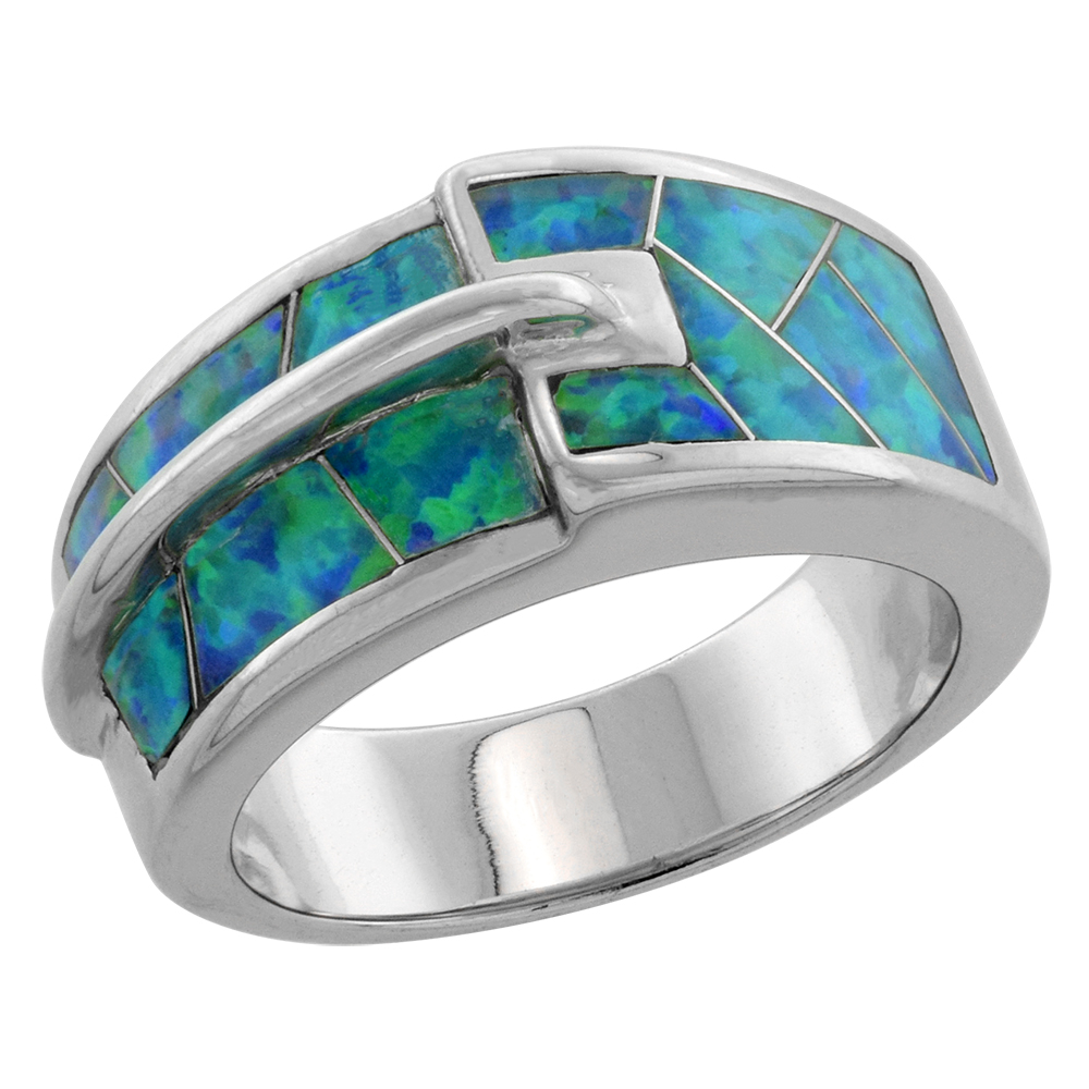 STERLING SILVER BLUE SYNTHETIC OPAL BELT BUCKLE RING FOR WOMEN 3/8 INCH