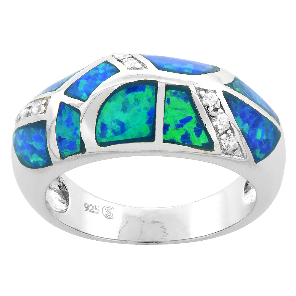 STERLING SILVER BLUE SYNTHETIC OPAL KNIFE EDGE RING FOR WOMEN CZ ACCENT 3/8 INCH