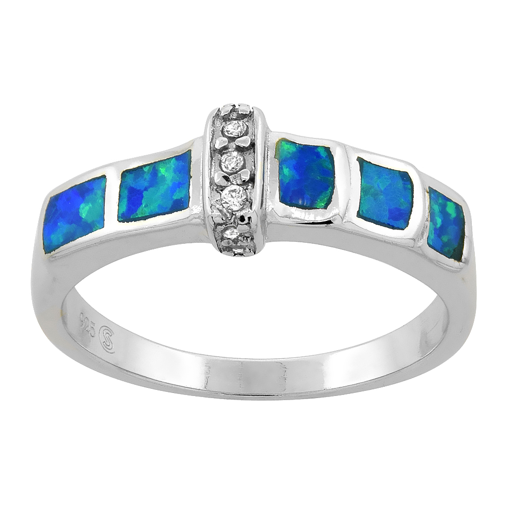 Dainty Sterling Silver Blue Synthetic Opal Ring for Women CZ Center Squre Inlays 3/16 inch