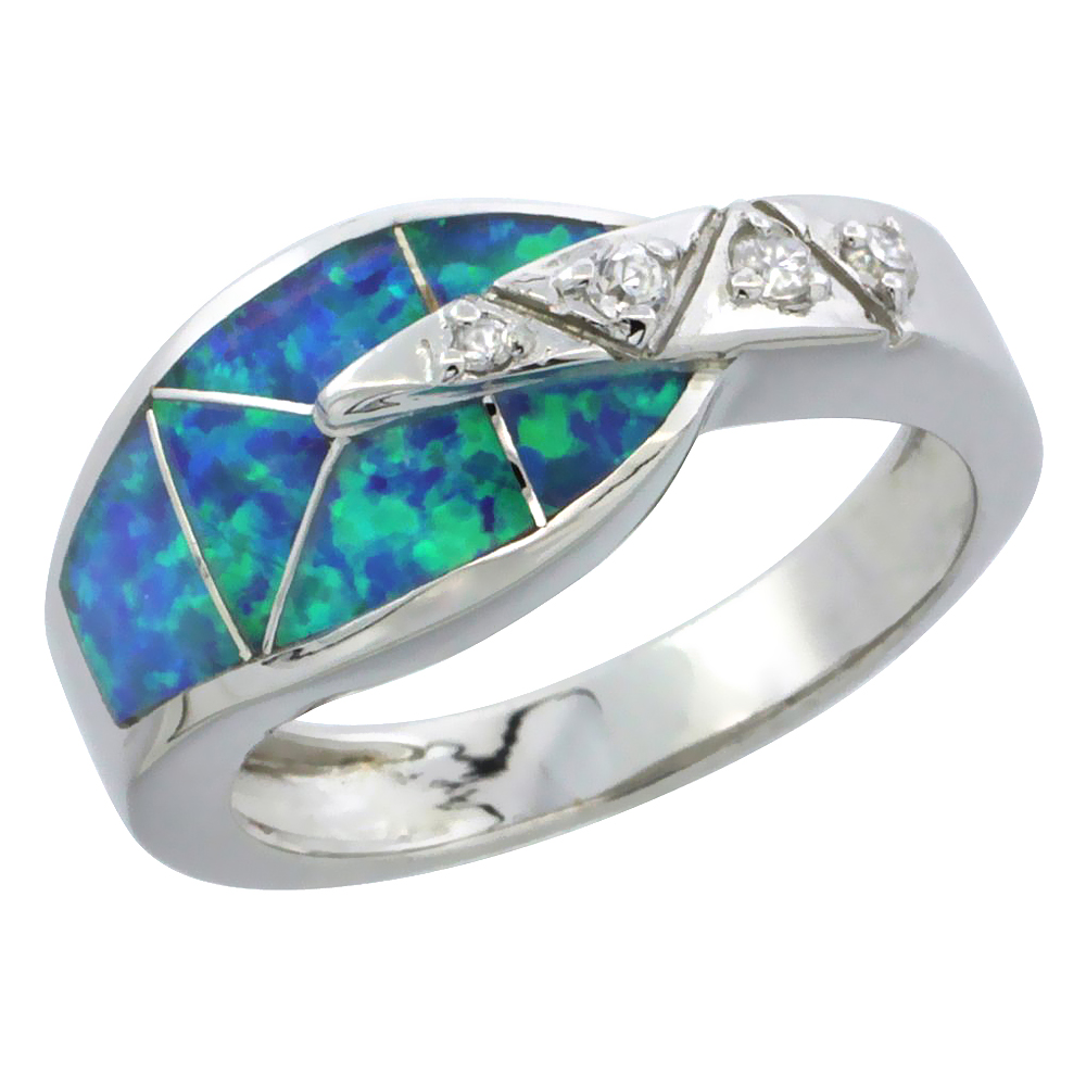 Sterling Silver Blue Synthetic Opal Snake Ring for Women CZ Accent 3/8 inch