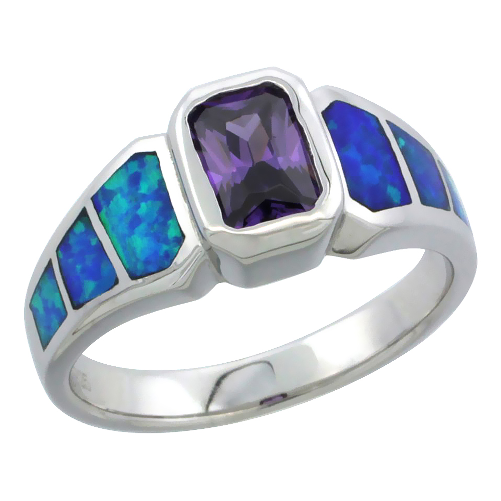 STERLING SILVER EMERALD CUT AMETHYST CZ BLUE SYNTHETIC OPAL RING FOR WOMEN 5/16 INCH
