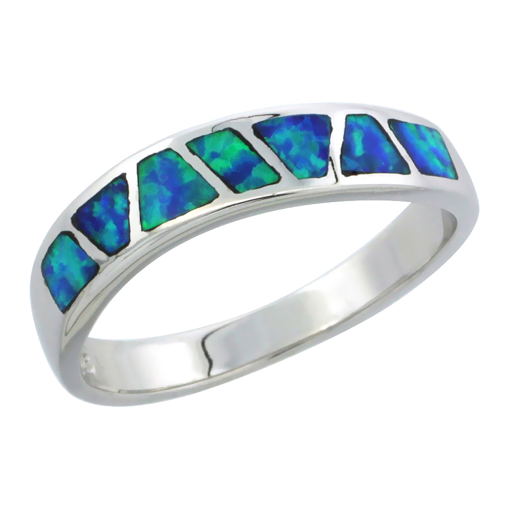 STERLING SILVER BLUE SYNTHETIC OPAL NARROW WAVE BAND RING FOR WOMEN 3/16 INCH