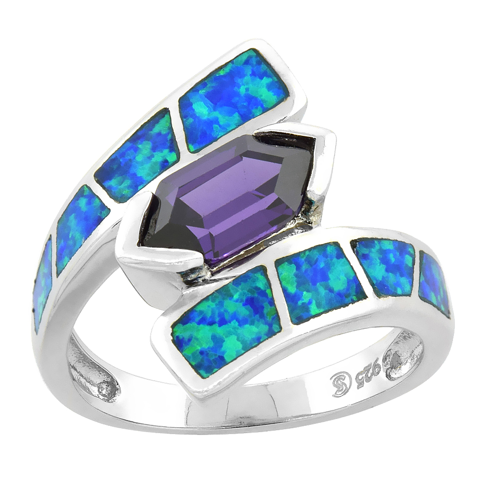 STERLING SILVER BLUE SYNTHETIC OPAL HEXAGON CUT RING FOR WOMEN AMETHYST CZ CENTER 3/4 INCH
