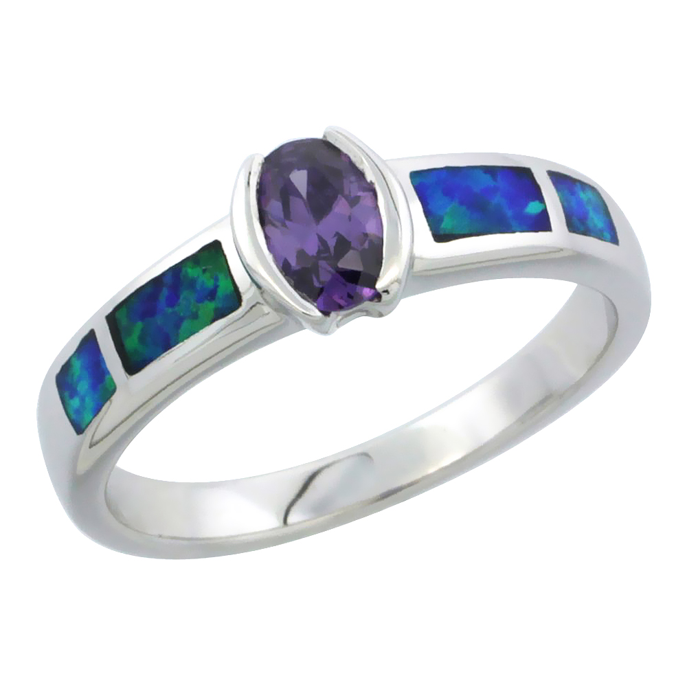 Small Sterling Silver Blue Synthetic Opal Band Ring for Women Oval Shape Amethyst CZ Center 5/16 inch