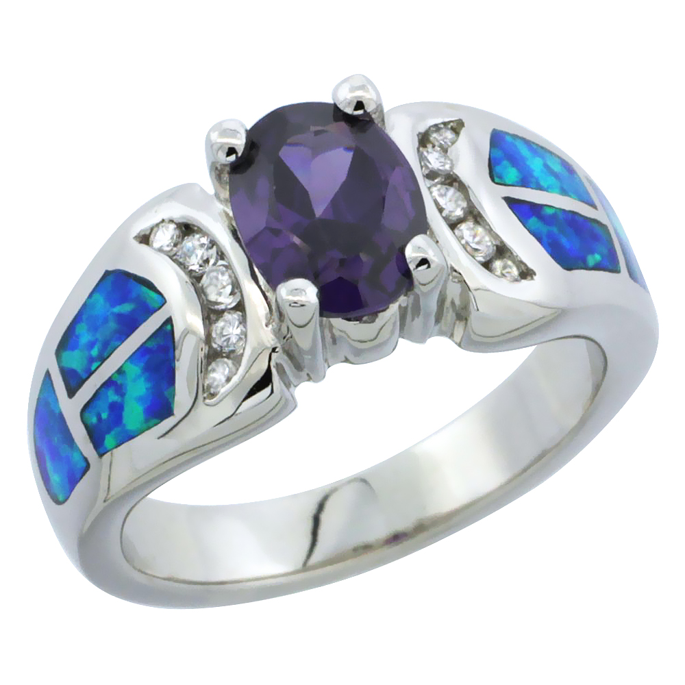 Sterling Silver Blue Synthetic Opal Oval Ring for Women Amethyst CZ 3/8 inch