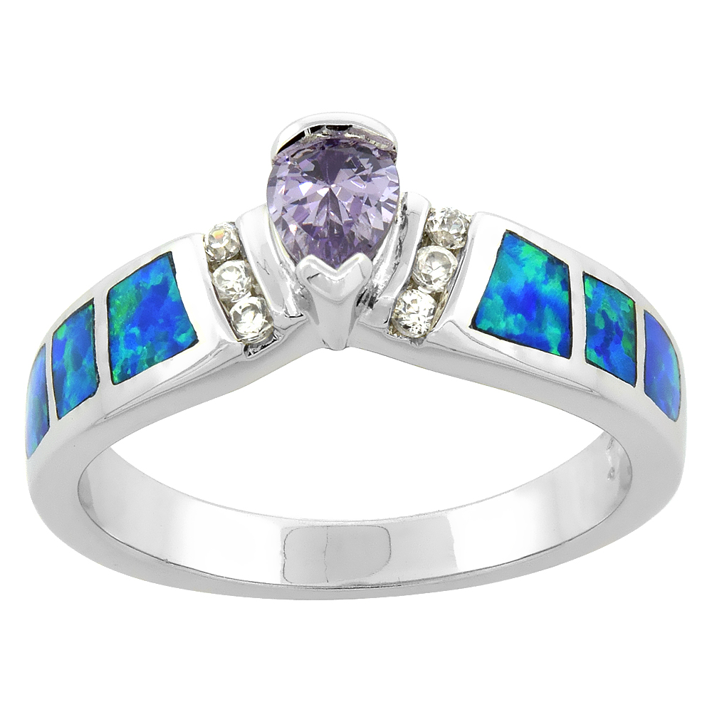 Sterling Silver Blue Synthetic Opal Teardrop Ring for Women Amethyst CZ Center 1/4 inch